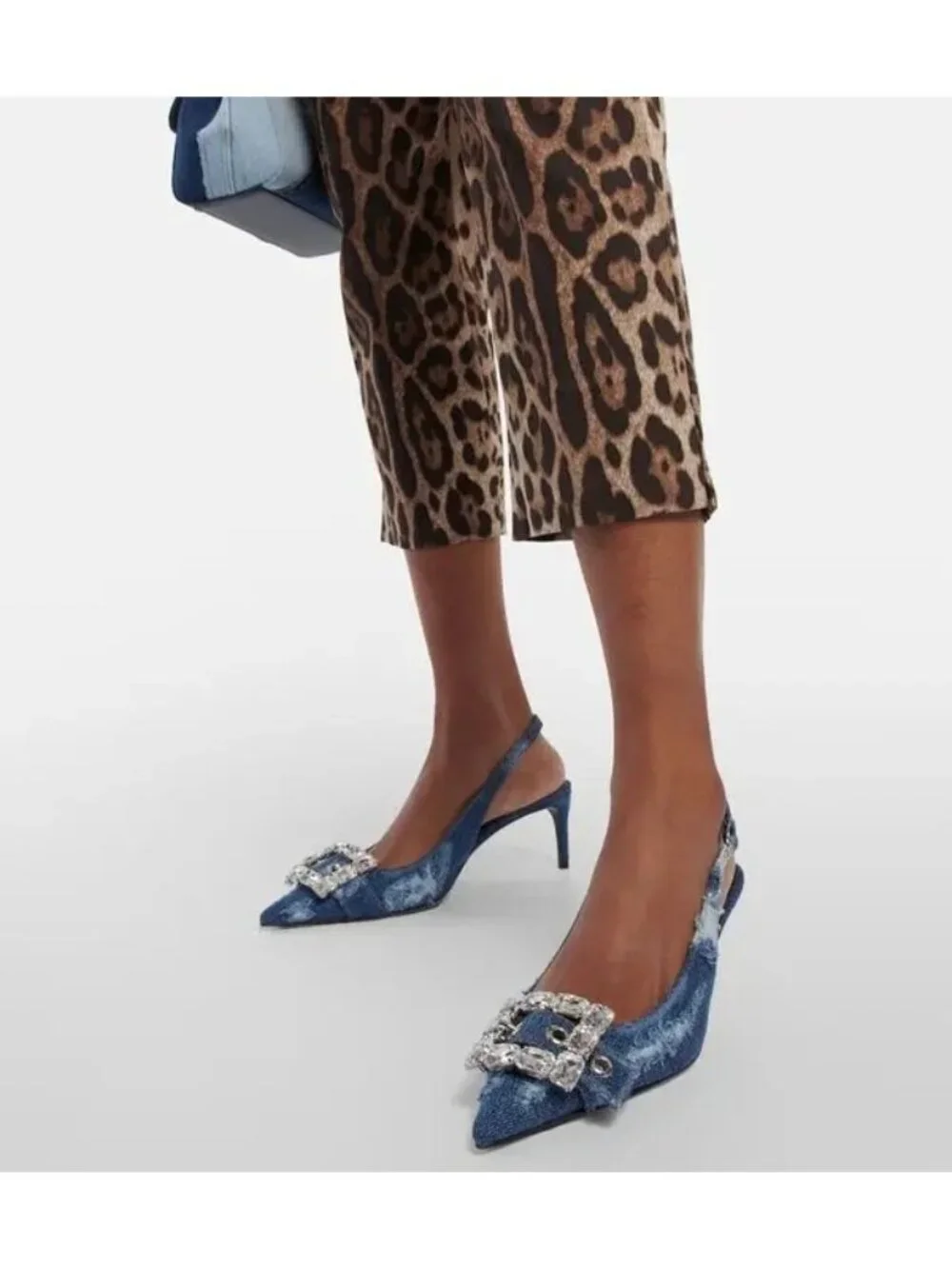DOLCE & GABBANA Devotion Crystal Buckle denim Slingback Pumps heels size 37